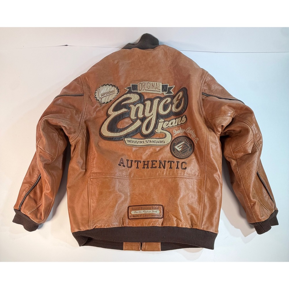 Vintage Enyce Jeans Brown Leather Bomber Jacket Mens Medium Embroidered Patches